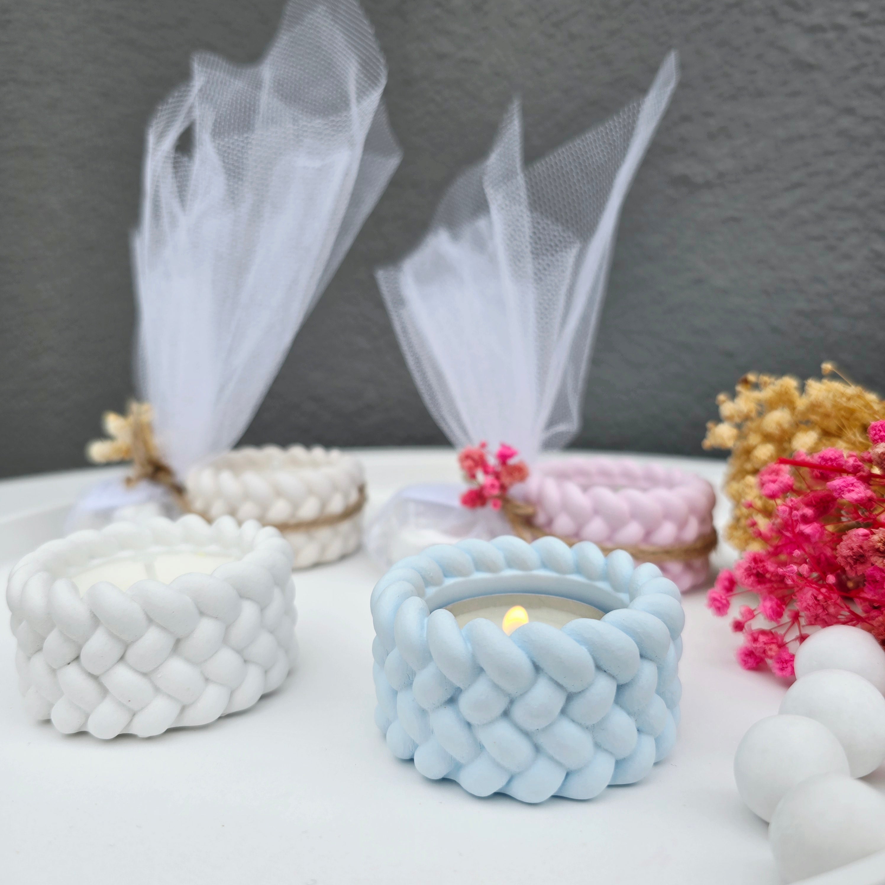 Μπομπονιέρα βάφτισης δοχείο πλεξούδα