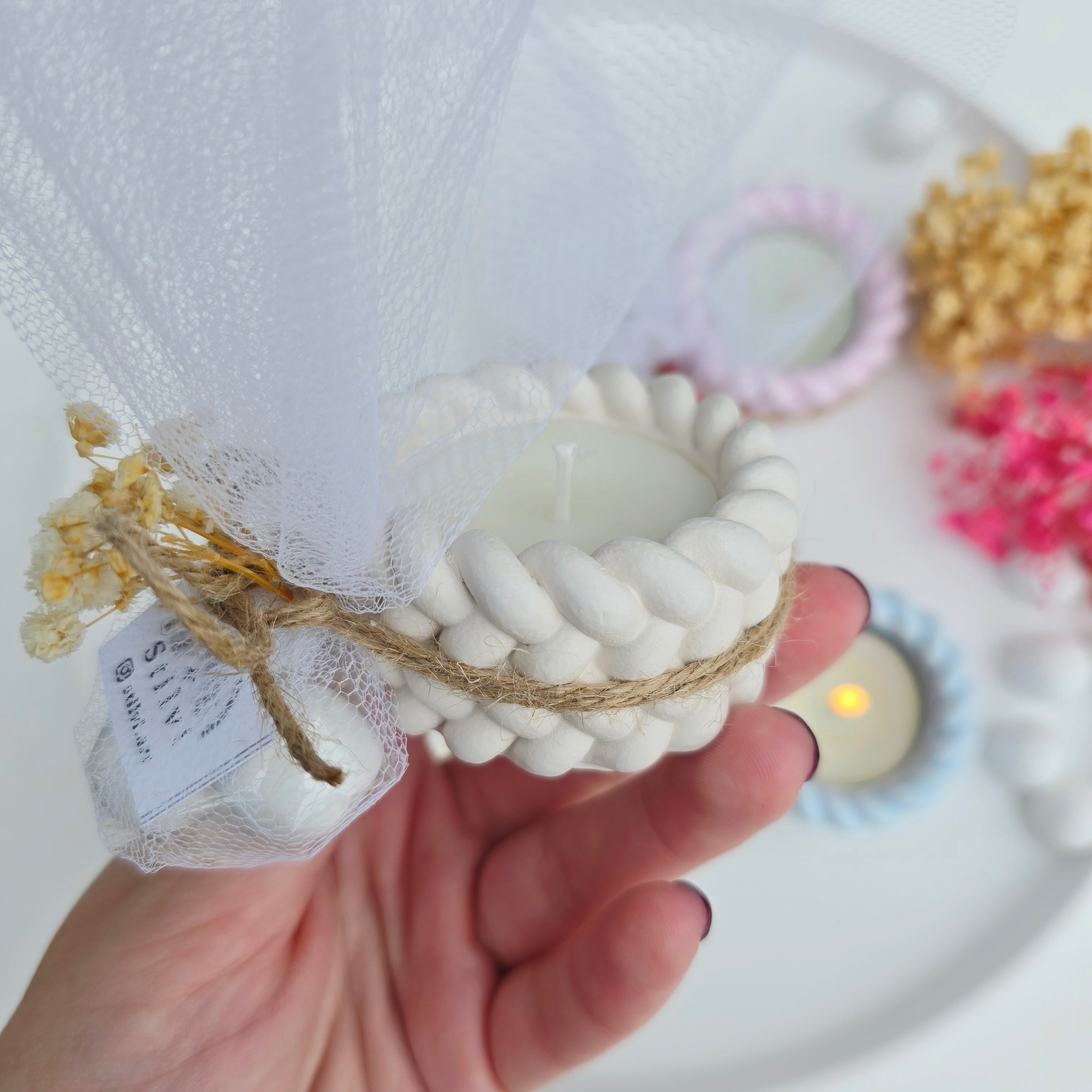 Μπομπονιέρα βάφτισης δοχείο πλεξούδα