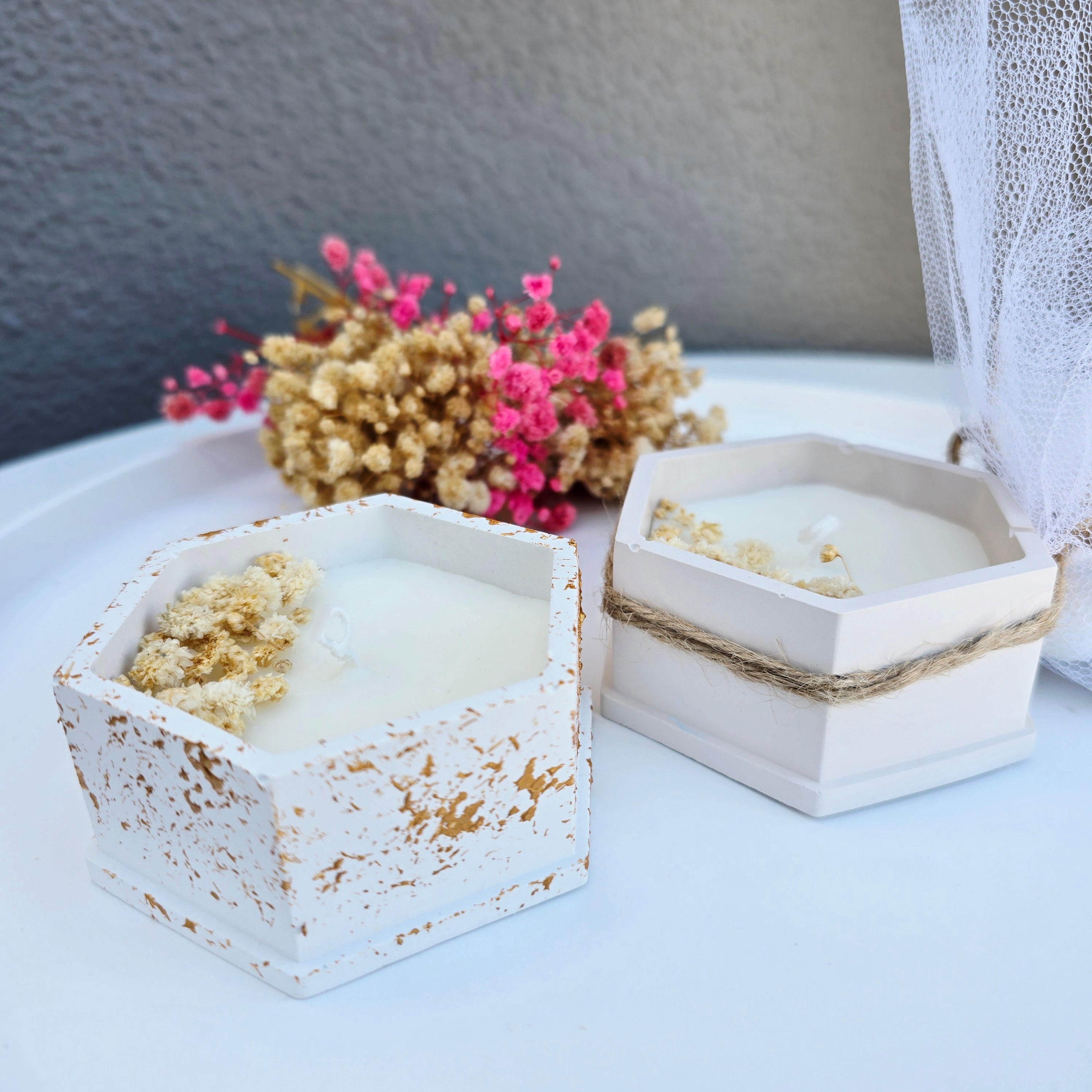 Μπομπονιέρα γάμου εξάγωνο δοχείο με κερί & αποξηραμένα